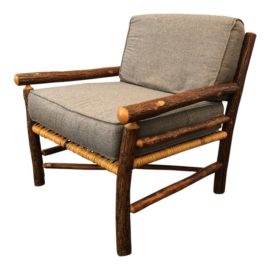 Old Hickory Hand Carved Wood Armchair With Gray Cushions