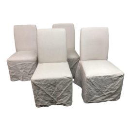 Pottery Barn Lowe Khaki Upholstered Dining Chairs & Linen Slipcovers - Set of 4