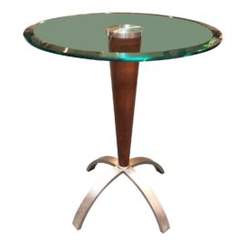 Modern Tapered Wood & Steel Glass Top Accent Side Table