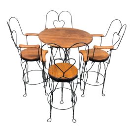 Vintage Wrought Iron Table + Four Chairs, Bar Height