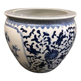 Large Chinese Blue + White Ceramic Pot
