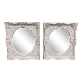 Pair of Horchow Howard Elliott Collection Baroque Wall Mirrors in White Enamel