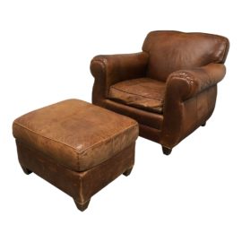 Mitchell Gold/Restoration Hardware Leather Chair + Ottoman