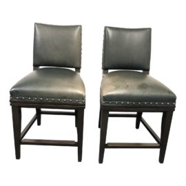 Mattaliano Bas Green Leather Armless Bar Stools - a Pair