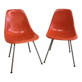 Pair of Herman Miller Eames Molded Fiberglass 4-Leg Side Chairs. Original Price: $990