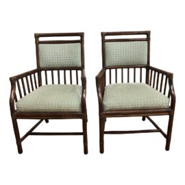 Pair of McGuire Bamboo + Fabric Arm Chairs