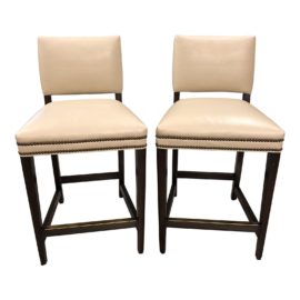 Pair of Custom Cream Leather Counter Stools
