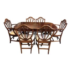 Vintage Double Pedestal Dining. Table + Six Shield Back Chairs