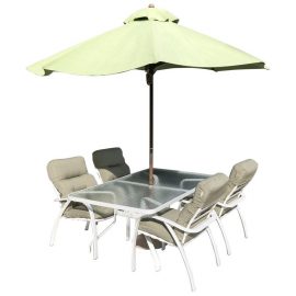 Tropitone Table + Four Chairs + Umbrella. Original Price: $2,000