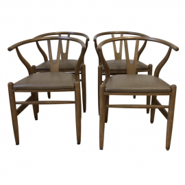 Wishbone Style Wood + Leather Chairs - Set of Four