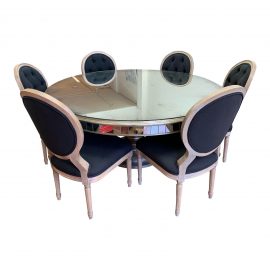 John-Richard Collection Lisandra Antiqued-Mirrored Round Dining Table + Six Four Hands Stella Chairs. Original Price: $9,459