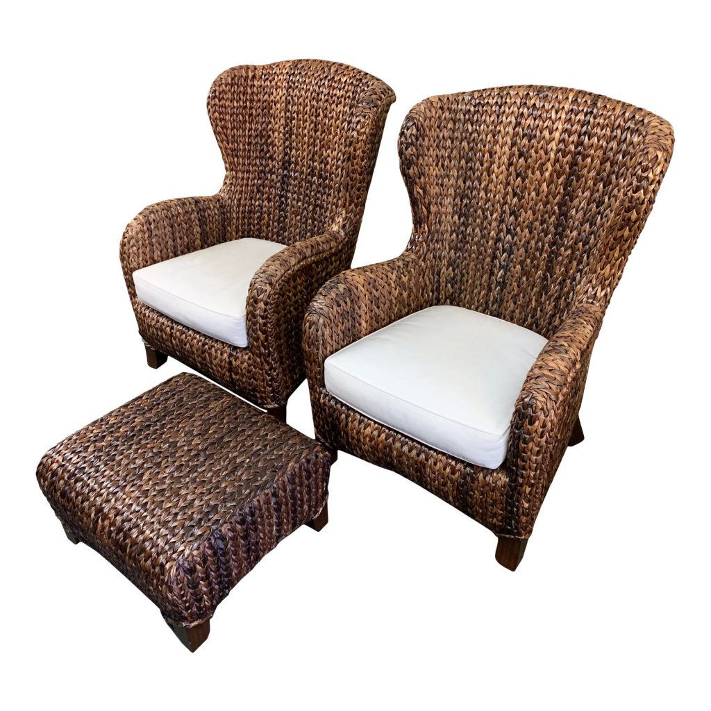 Pottery Barn Havana Seagrass Wingback Chairs + Ottoman, a Pair - Design ...
