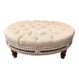 Large Custom Button Tufted Ottoman + Walnut Pull Out Shelves