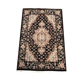 Small Traditional HandKnotted Wool Rug in Black + Ivory+ Peach - 2′1″ × 3′5″