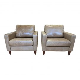 Crate & Barrel Mushroom Leather Arm Chairs - a Pair