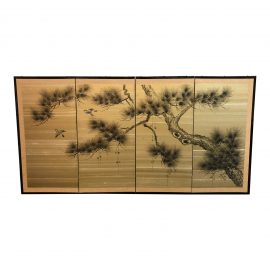 Japanese Hand-Painted Chinoiserie Silk Folding Screen + Mounting Brackets