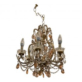 Early-20th Century 6-Light Gold Finish + Glass Chandelier