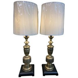 Vintage Tall Brass Table Lamps with Shades, a Pair