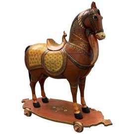 Mid-20th Century Hand Painted Wood Horse + Wheels