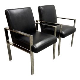 William Sonoma Mercer Leather + Polished Chrome Arm Chairs - Set of 2. Original Price: $2,390