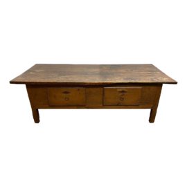 Early-20th Century Distressed Solid Wood Coffee Table + Drawers