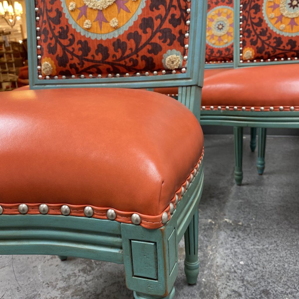 Palecek Lyon Square Back Orange Medallion Chairs Set of 6. Original