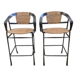 Mid 20th Centuery Custom Leather Banding + Metal Counter Stools - a Pair. Original Price: $2,300