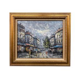 Vintage Original Street Scene Painting by J. Marin