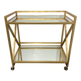 Worlds Away Gerard Gold Leafed "X" Bar Cart + Mirrored Tops. Original Price: $1,100