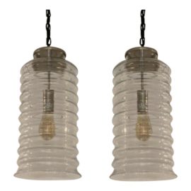 Industrial Rippled Glass Cylindrical Light Pendant - a Pair