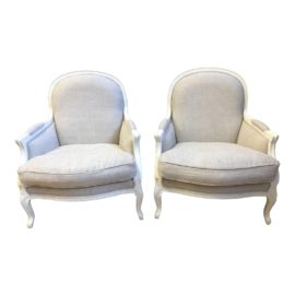 Restoration Hardware Lyon Bergere Gray Linen Arm Chairs - a Pair. Original Price: $3,590