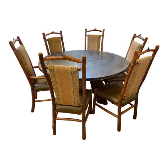 custom-round-cement-teak-dining-table-six-hickory-wood-chairs-a-set-9013