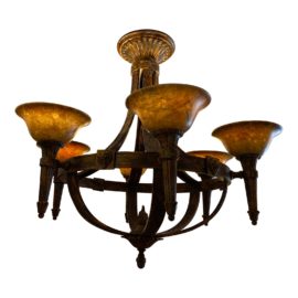Six Light Faux Finish Wrought Iron + Stone Chandelier. Original Price: $8,000