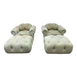 J. Robert Scott Suede Celedon Lounge Swivel Chairs + Ottomans - a Pair