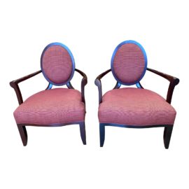 Barbara Barry for Baker Furniture Upholstered X-Back Arm Chairs - a Pair. Original Price: $8,000
