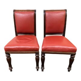 Early 20th Century Red Leather + Nailhead Side Chairs - a Pair