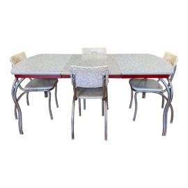 Mid 20th Century Retro Cracked Ice + Ruby Red Vinyl + Laminate Dining Set