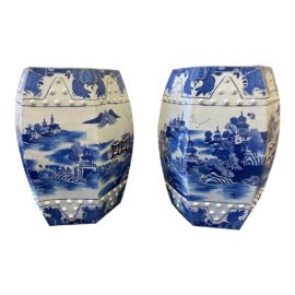 Early 20th Century Ceramic Blue + Cream Garden Stool - a Pair