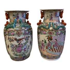 Mid 20th Century Rose Medallion Style Export Vases - a Pair