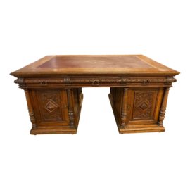 Antique Henry II Quarter Sawn Partners Leather Desk. Original Price: $6,900