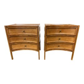 Custom Walnut Stain Curved Three Drawer Nightstands - a Pair. Original Price: $4,500