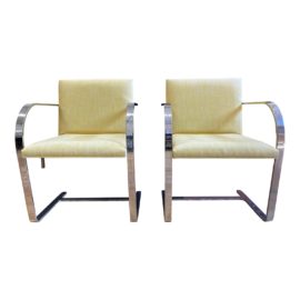 Gordon International Mies Van Der Rohe Style Yellow Linen Brno Chair - a Pair