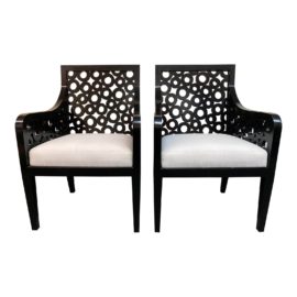 Ironies Circle Wood + Fabric Arm Chairs - a Pair