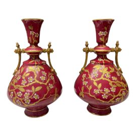 Late 19th Century Old Hall Earthenware Co. Porcelain + Brass Cherry Blossom Urns - a Pair