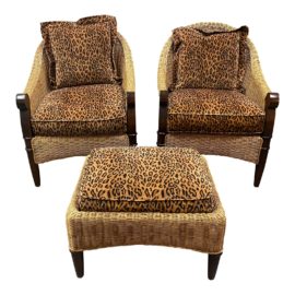 Custom Cheetah Print & Wicker Chairs + Ottoman - 3 Pieces