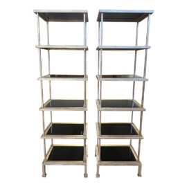 Maitland-Smith Metal Gold Finish + Black Glass Etageres - a Pair. Original Price: $4,000