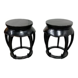 Early 20th Century Black Lacquered Wood Asian Side Tables - a Pair