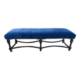 Custom Design Blue Mohair + Wood Bench