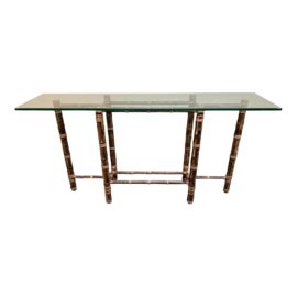1970's McGuire Furniture Vintage Bamboo + Glass Console Table