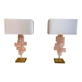 Vintage Rose Quartz + Brass Finish Table Lamps - a Pair. Original Price: $9,364.00